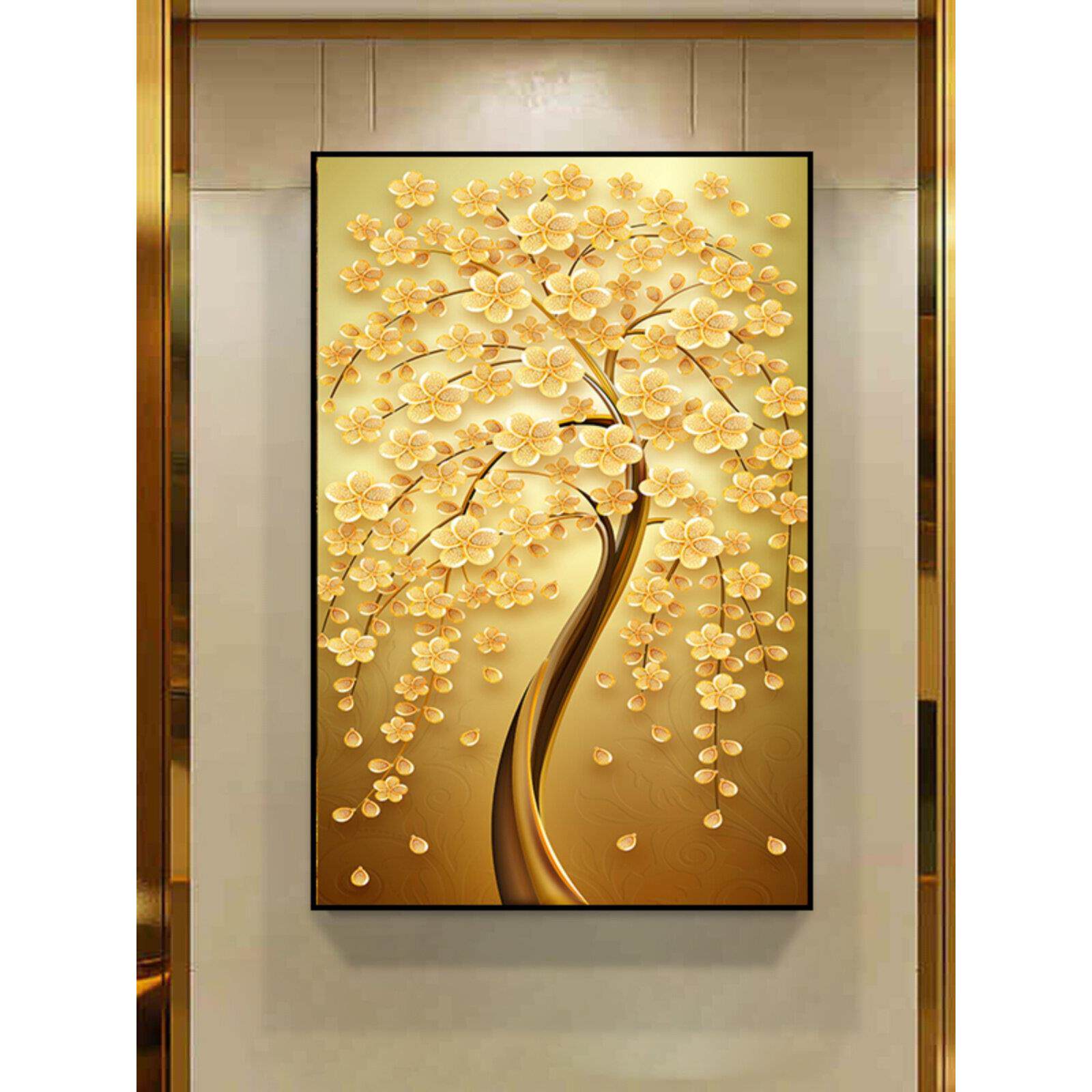 摇钱树装饰画竖版发财树挂画欧式走廊过道壁画进门玄关画招财风水