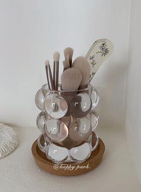 日本精工玻璃收纳笔筒化妆刷桶ins风珠点桌面家居摆件北欧