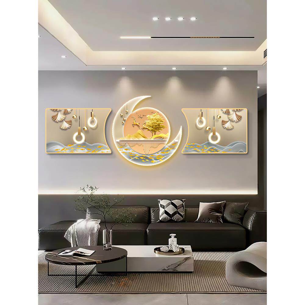 轻奢高级感带灯三联山水画客厅装饰画沙发背景墙大气高档挂画新款