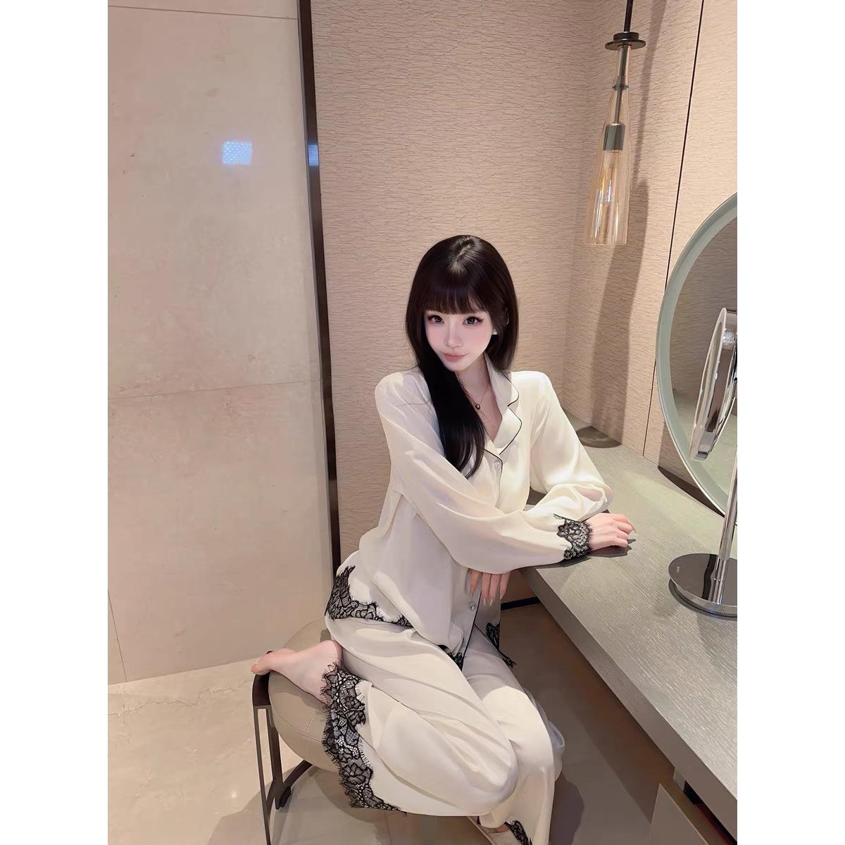 睡衣女士高级感长袖长裤套装冰丝法式风情蕾丝家居服两件套春秋