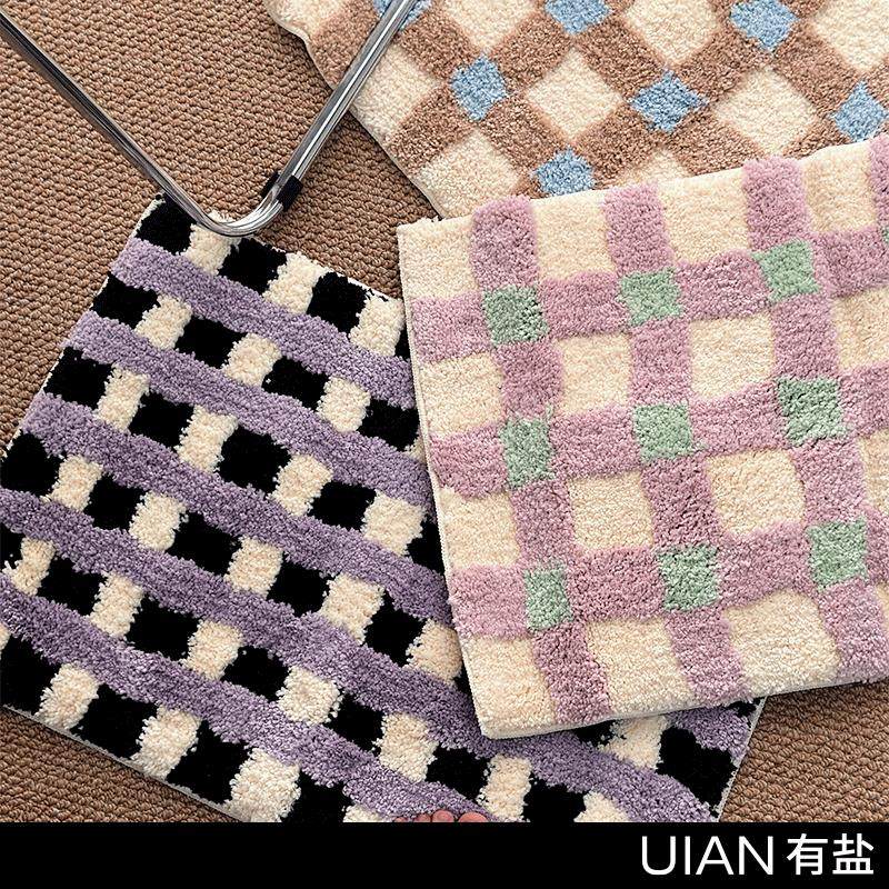 有盐/卧室棋盘格紫色毛绒床边地毯卫生间浴室吸水地垫防滑厕所ins,居家布艺,家用脚垫,淘宝优惠券,粉丝福利购,淘宝优惠卷