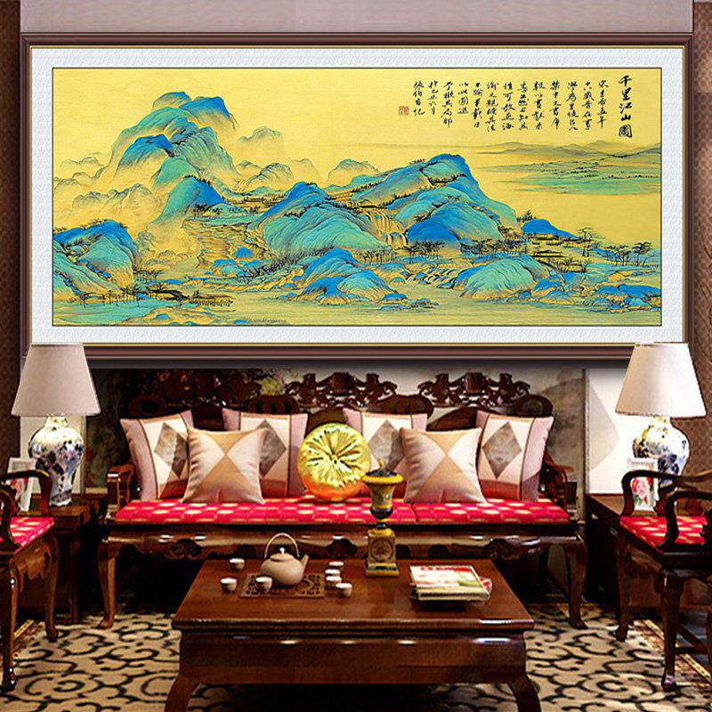 十字绣成品纯手工千里江山图新款客厅大幅风景山水画带框装裱出售