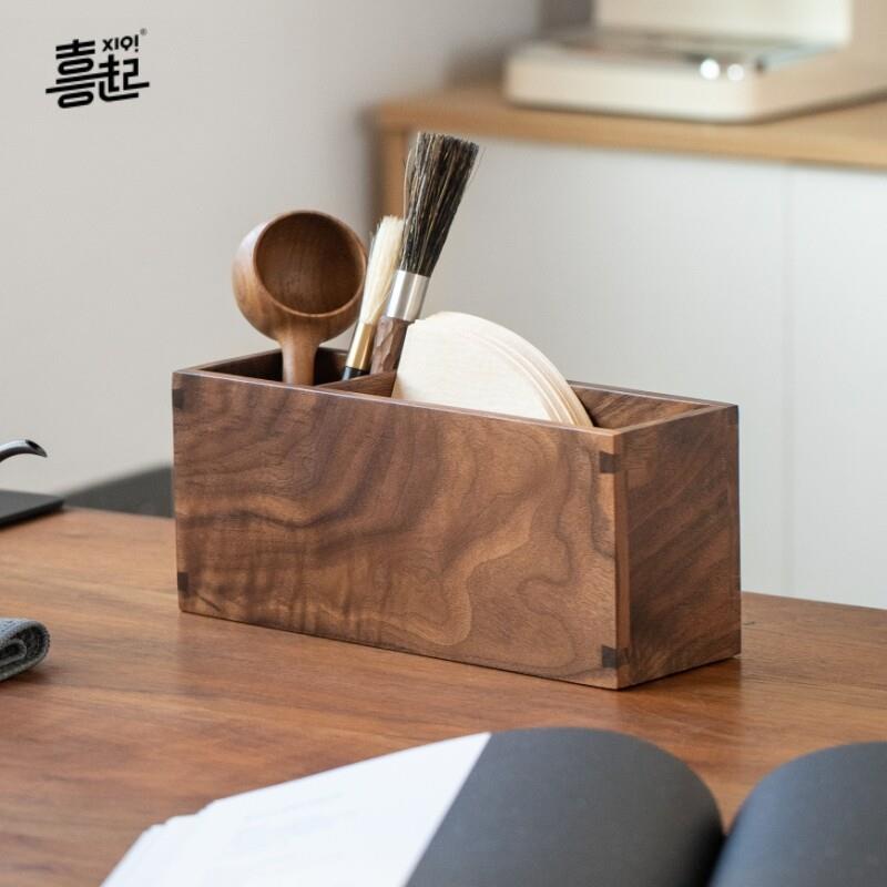 喜起黑胡桃木笔筒 实木文具整理盒 适用办公室中式风格手工木制笔