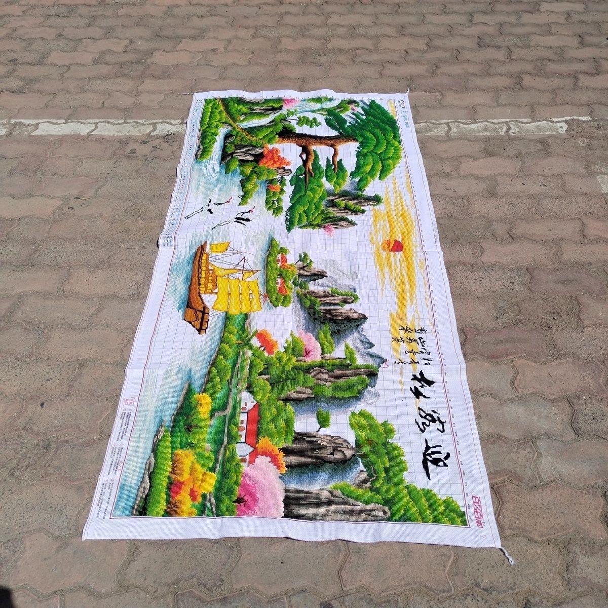 纯手工绣十字绣成品欢迎松财、好运版一帆风顺人工全绣山水画销售