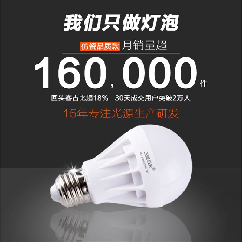 仿瓷款LED节能灯泡螺u口3w5w7w9W白光led球泡单灯高亮光源