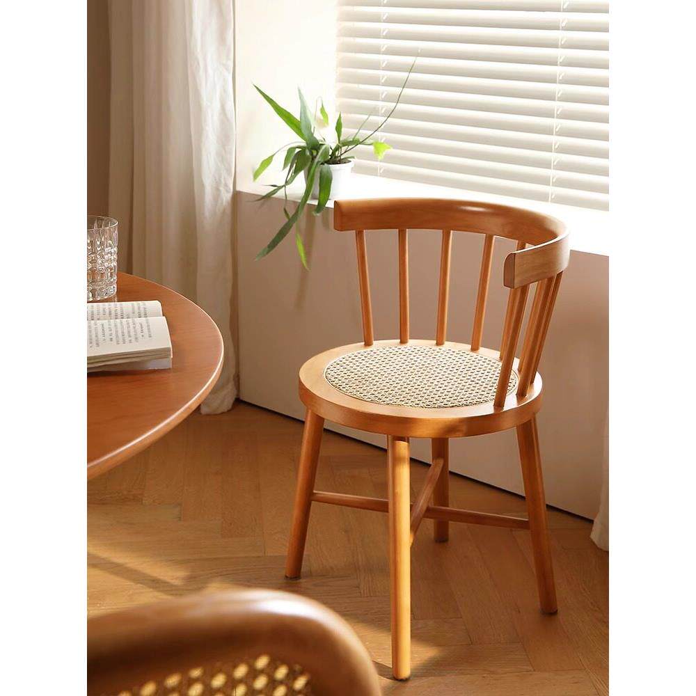 覆古风实木餐椅中古餐厅餐桌靠背藤编椅家用客厅公主温莎椅书桌椅