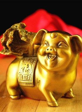 新款纯铜百财金猪摆件生肖猪拉白菜招财富贵O猪客厅办公室桌面装