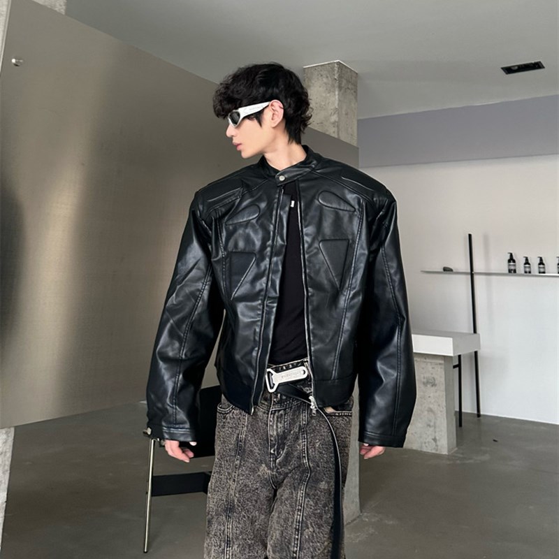 春秋小众结构设计短款机车夹克男高级感宽松炸P街垫肩显高皮衣外