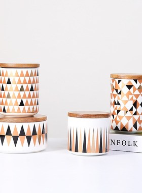 北欧陶瓷储物罐创意几何格子家用厨房L带盖密封罐餐具收纳罐