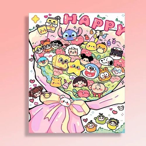 卡通花束数字油画DIYr手工填充画卡通动漫油彩画童年丙烯装饰画