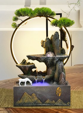 中式假山流水摆件循环水加湿招财风水轮客厅电视柜旁乔.迁开业送