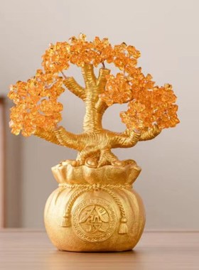 黄水晶摇钱树g聚宝盆发财树招财摆件办公室店铺酒柜装饰品开业礼