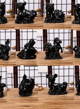 黑色陶瓷十二生肖老鼠牛虎兔龙蛇马羊猴鸡狗猪摆件客厅风水工艺品