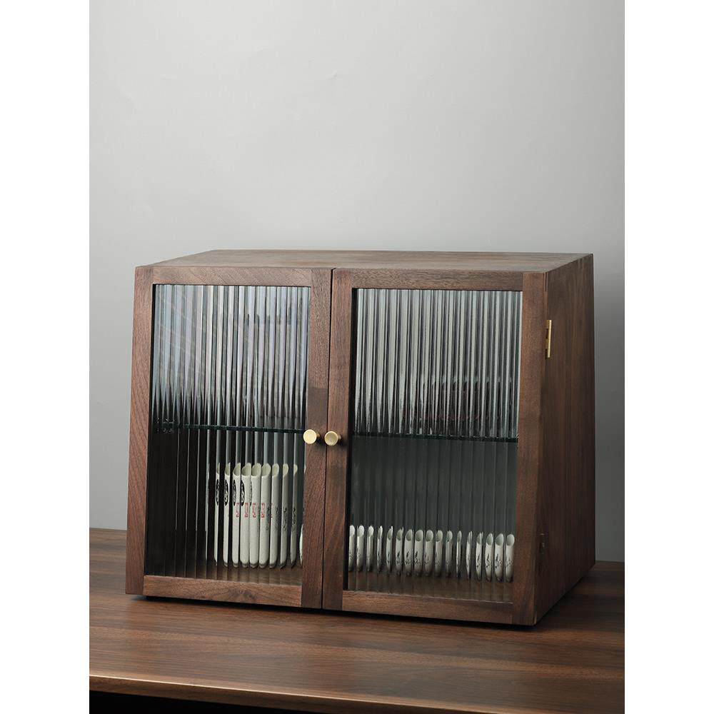 实木桌面收纳柜覆古茶水杯子茶具收纳置物架木质餐边柜黑胡桃碗柜