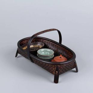 带提手竹编茶具收纳篮 漆器收纳筐 果篮 天然楠竹收纳盒 茶道零配