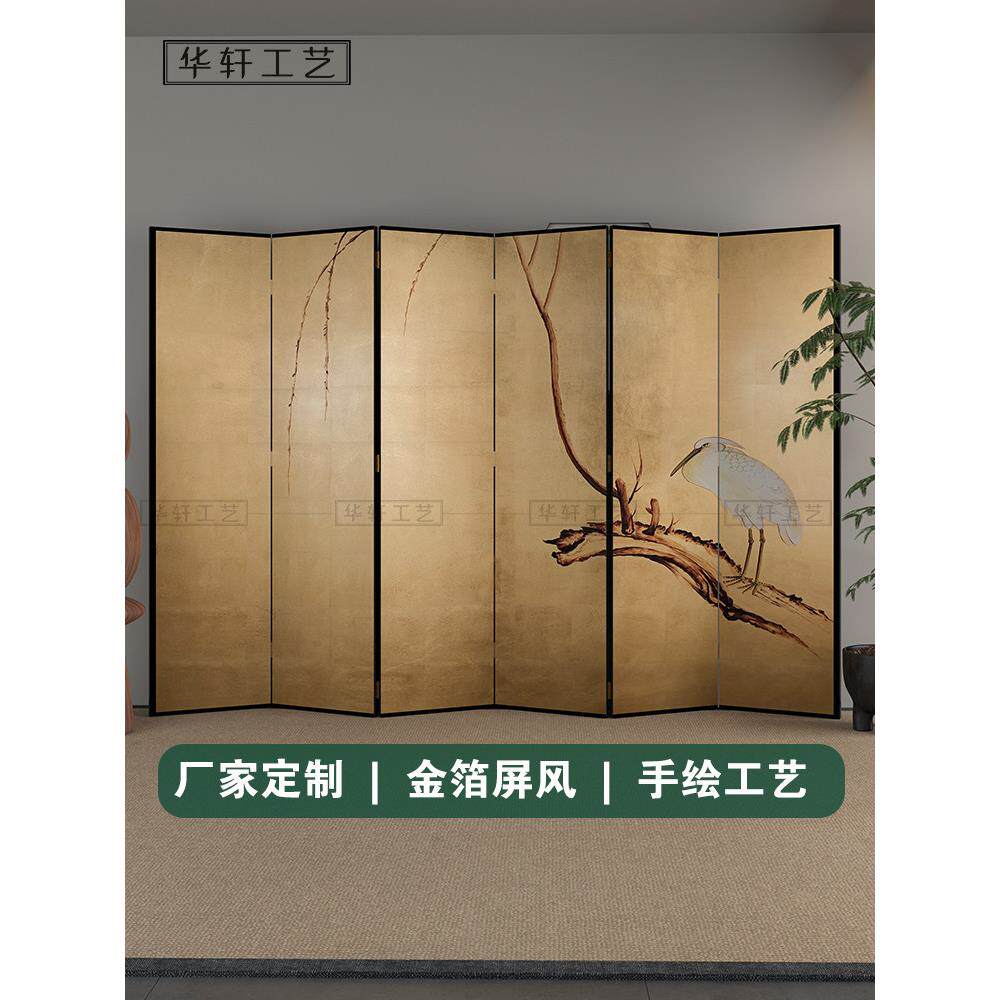 手绘中古仿古旧金箔屏风花鸟漆画茶室客厅隔断中式折屏背景墙定制