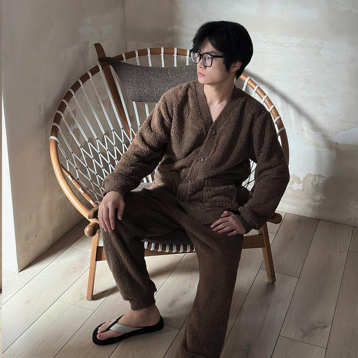 男士睡衣秋冬季半边绒加厚家居服青少年秋冬款珊瑚绒保暖和服套装