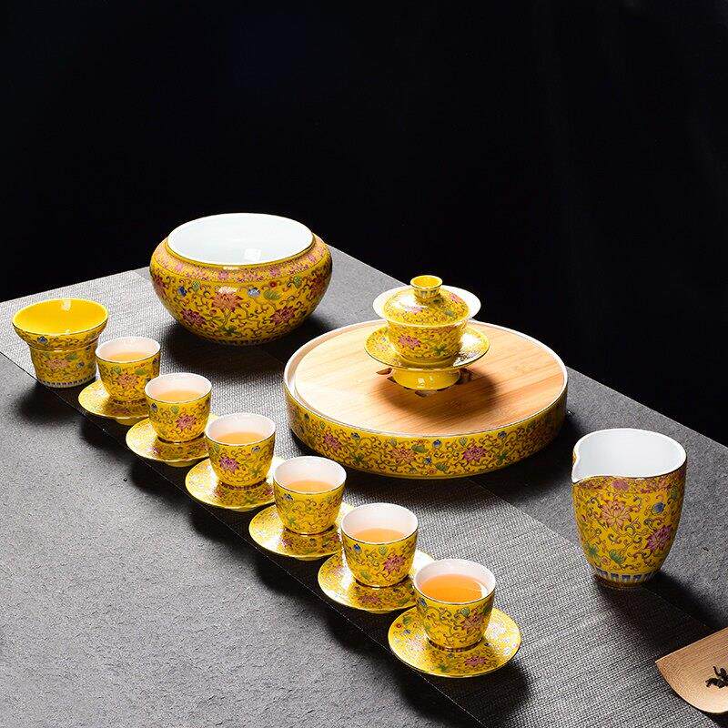 整套茶具 盖碗家用茶台简约泡茶珐瑯彩陶瓷泡茶 功夫茶具茶杯套装
