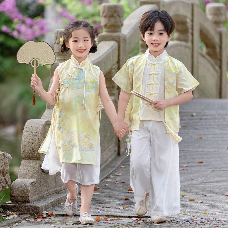 中国风汉服古装夏男女 童新中式幼儿园六一表演服唐装少儿潮朗诵