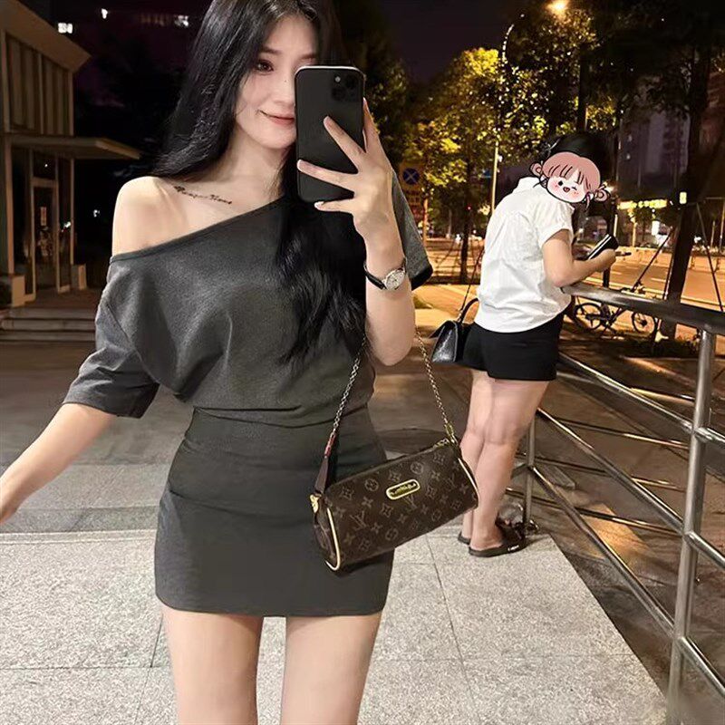 【100%纯棉】小个子收腰灰色斜肩包臀裙子女夏季辣妹露肩连衣裙