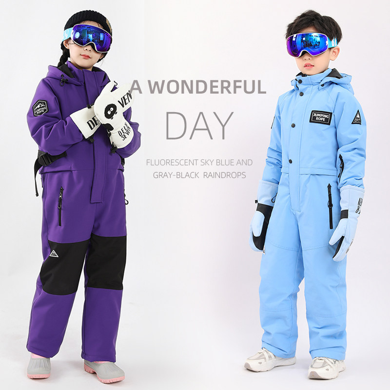 外贸儿童滑雪服连体防水男童连体冲锋衣女童小童宝宝滑雪裤衣套装