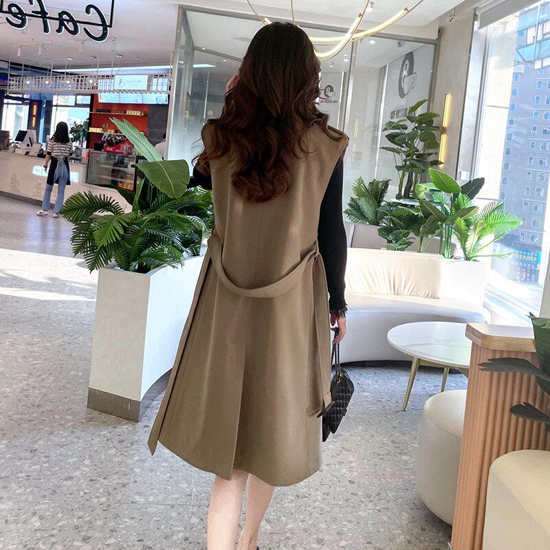 卡其色复古休闲长款风衣马甲女春秋无袖小众外搭时尚开衫背心外套