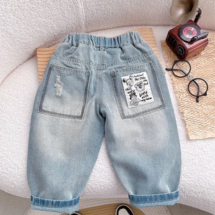 男童春秋裤子2025新款儿童破洞牛仔裤春季宝宝宽松浅色直筒长裤潮
