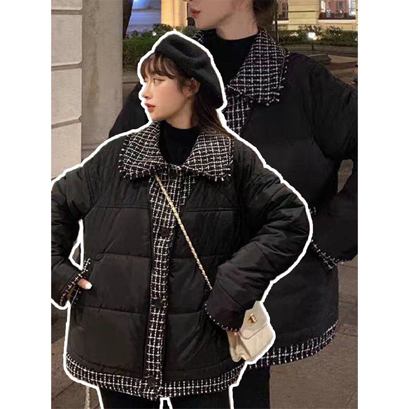 特大码女装胖mm假两件羽绒棉服秋冬高级感格子外套加厚保暖棉衣女
