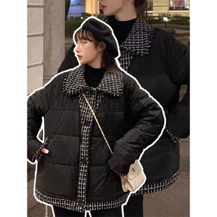 特大码女装胖mm假两件羽绒棉服秋冬高级感格子外套加厚保暖棉衣女