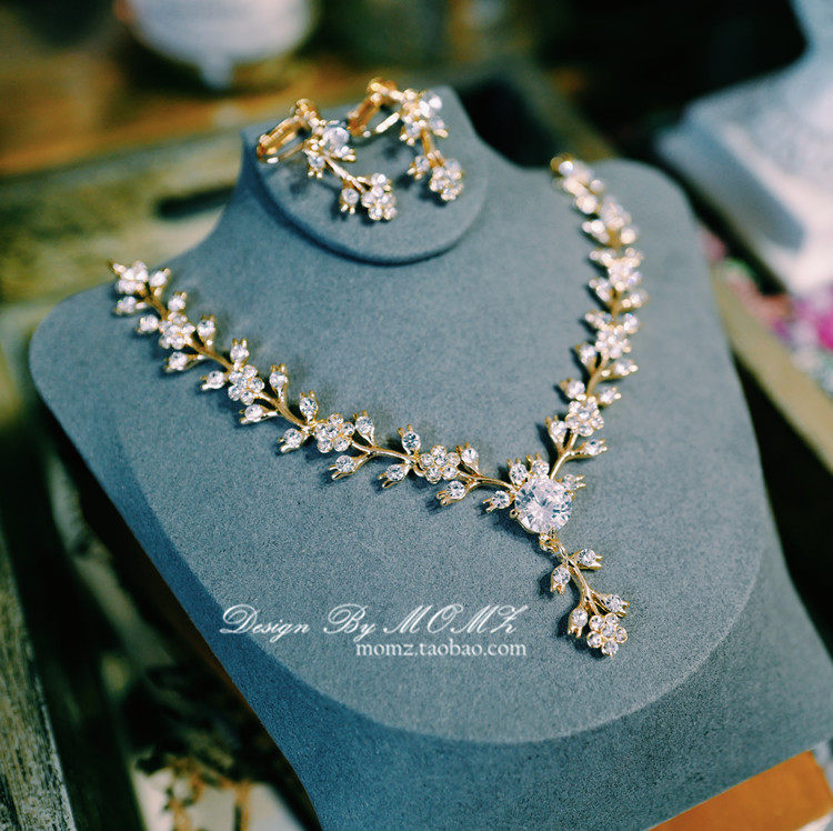 小众欧式奢华大气晚礼服婚纱晚宴配饰超仙新娘项链耳环套装韩式女