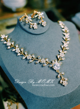 小众欧式奢华大气晚礼服婚纱晚宴配饰超仙新娘项链耳环套装韩式女