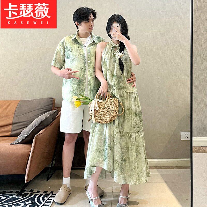 2025新中式无袖挂脖连衣裙子夏清冷松弛感绿色衬衫一衣一裙情侣装
