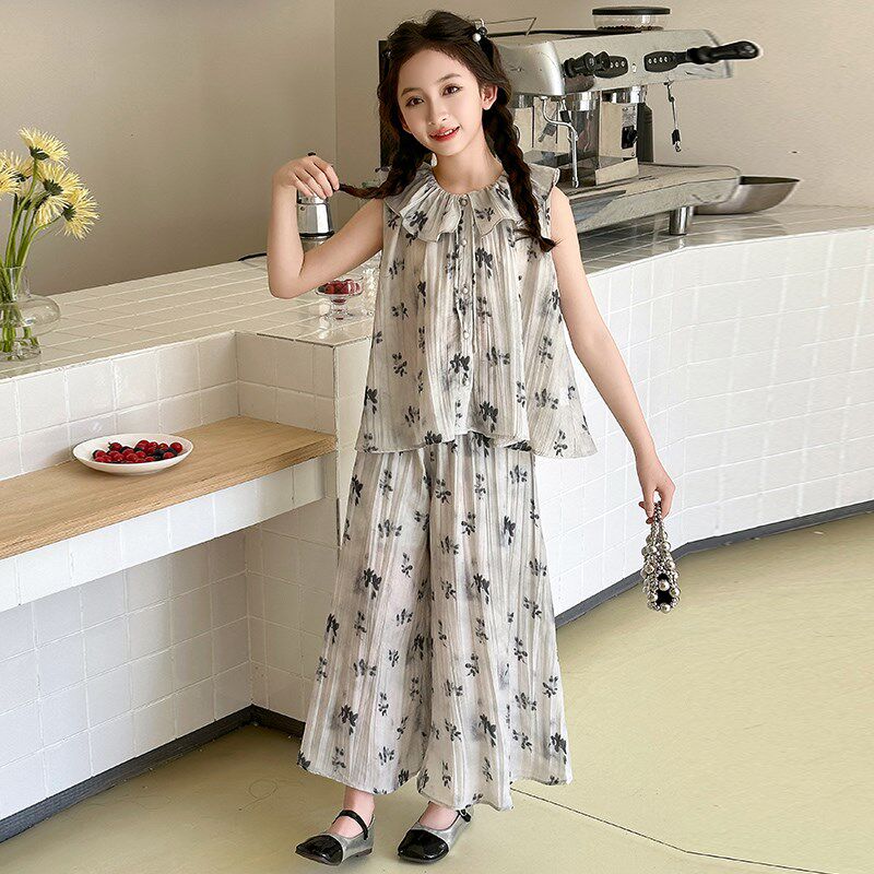 女童夏季娃娃衫套装2025新款大童国风无袖上衣雪纺阔腿裤裙两件套