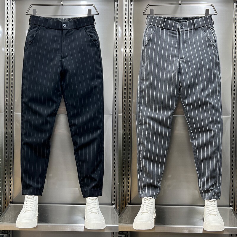 休闲西裤男高级感秋冬款修身小脚条纹垂感九分哈伦装裤商务正装裤