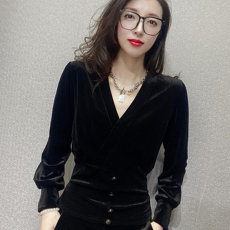 黑色收腰上衣长袖t恤女2024秋冬新款韩版V领时尚小衫洋气打底衫潮