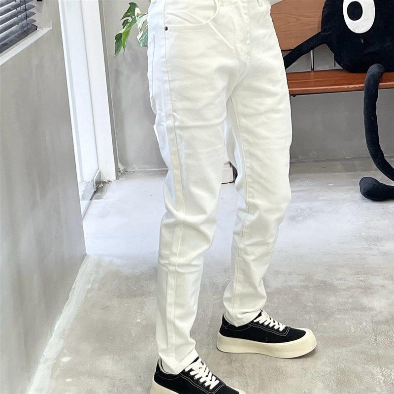 高端春秋新款白色修身小直筒牛仔裤男士百搭休闲裤潮流弹力小脚裤