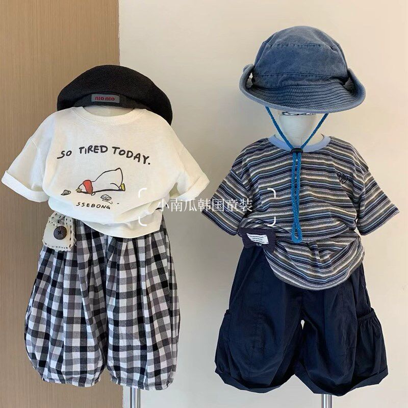 儿童短袖条纹T恤2025夏季新款男女童卡通印花T恤韩版休闲短裤格子
