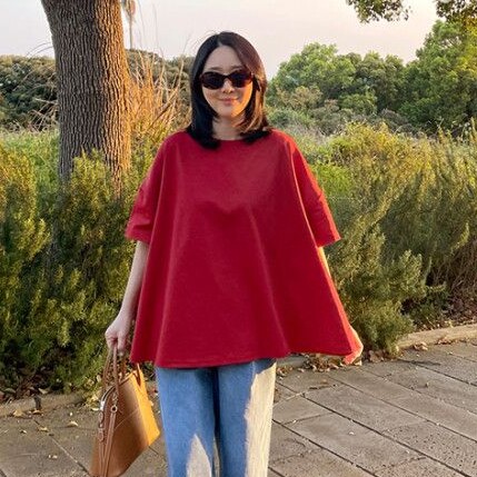 韩版宽松A字版红色T恤女大码休闲遮肚显瘦短袖圆领蓬蓬娃娃衫上衣