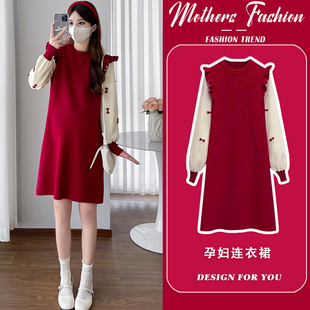孕妇连衣裙2024新款秋冬针织毛衣假两件裙子过年红小个子中长款女