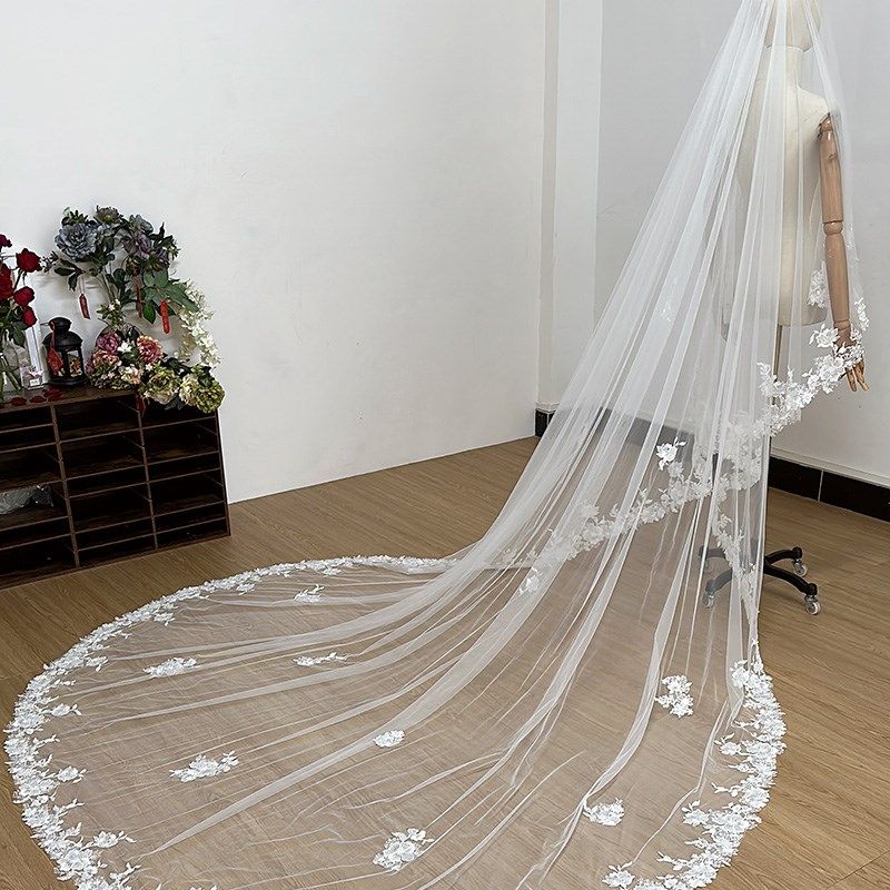 新娘结婚精致高端重工钉珠奢华蕾丝边头纱婚礼主婚纱头饰定制