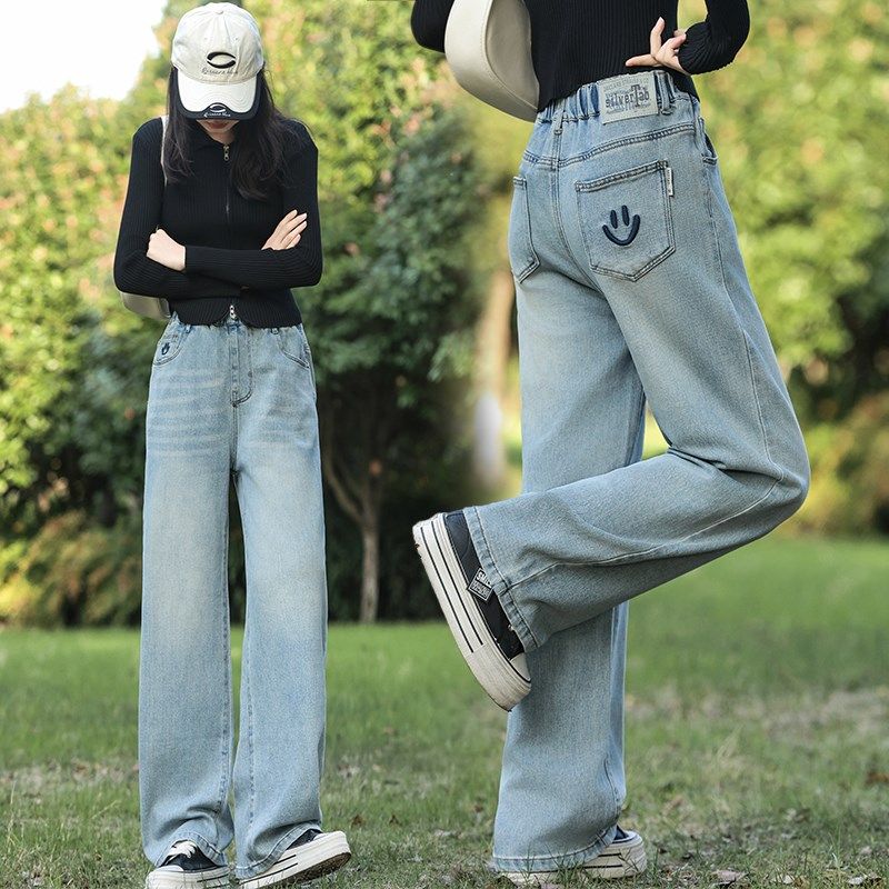 女童牛仔裤浅色窄版春秋款2025新款女大童直筒裤初中生阔腿裤套装