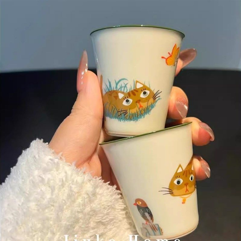 送男女朋友礼物新中式手绘猫咪小茶杯家用陶瓷手工杯办公草木灰品