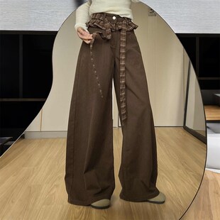 特大码女装胖mm美式复古格子拼接牛仔裤女梨型身材高腰显瘦阔腿裤