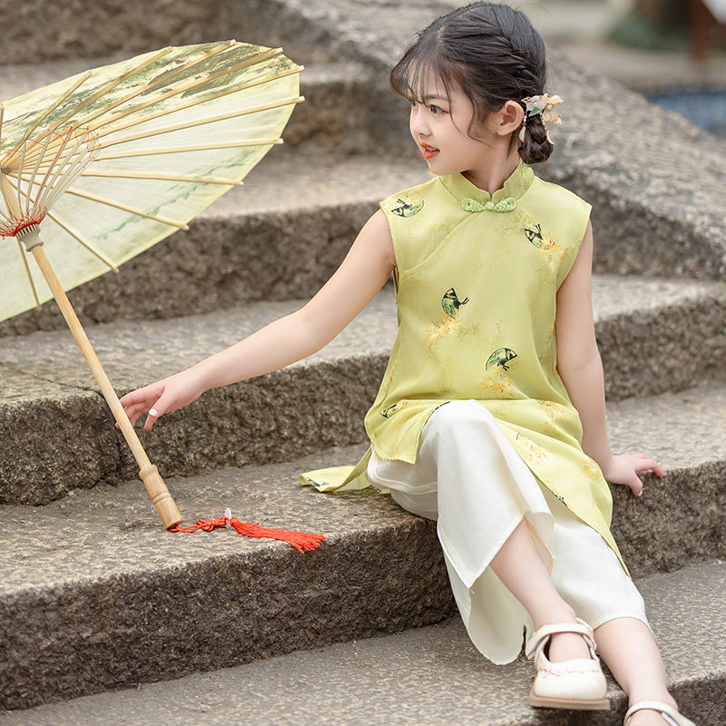 女童旗袍高端国风2024夏季新款大童时尚薄款汉服古装儿童中式裙子