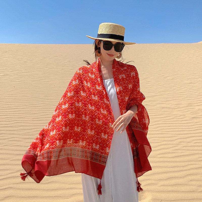 夏季红色纱巾旅行外搭两用长巾棉麻民族风复古海边遮阳围巾女披风