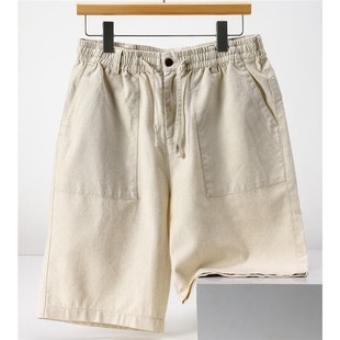 亚麻休闲短裤男纯色宽松透气裤薄款棉麻五分裤松紧裤门禁拉链中裤