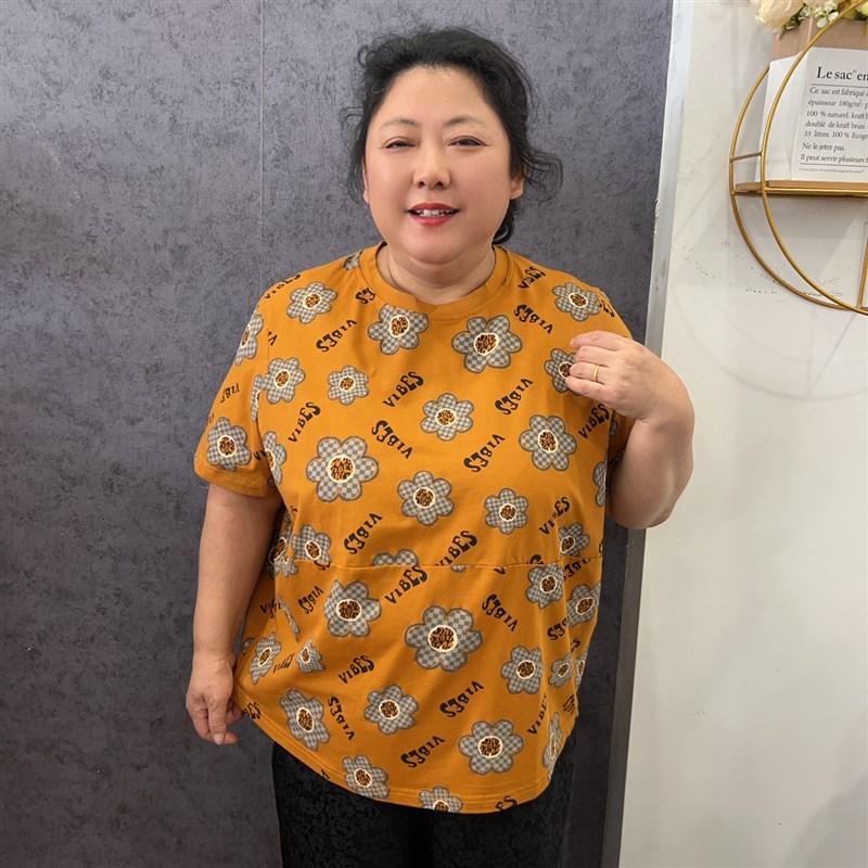 品质加大版全棉满印韩版T恤短袖宽松遮肚休闲时尚中老年胖妈妈装