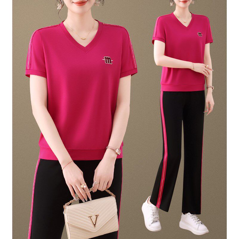 妈妈夏装洋气减龄两件套2025新款中年女式V领短袖T恤休闲运动套装