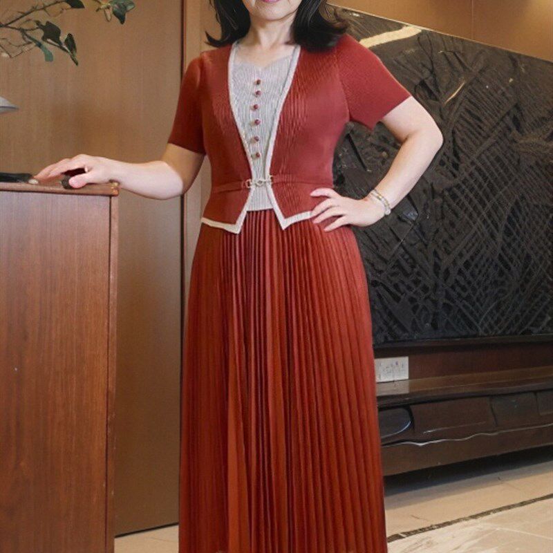 新款v领拼接撞色收腰显瘦百褶连衣裙中长款褶皱妈妈夏季气质裙子