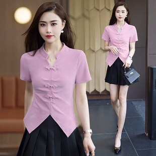 新中式盘扣设计感短款短袖T恤女夏季新款小个子修身气质开叉上衣